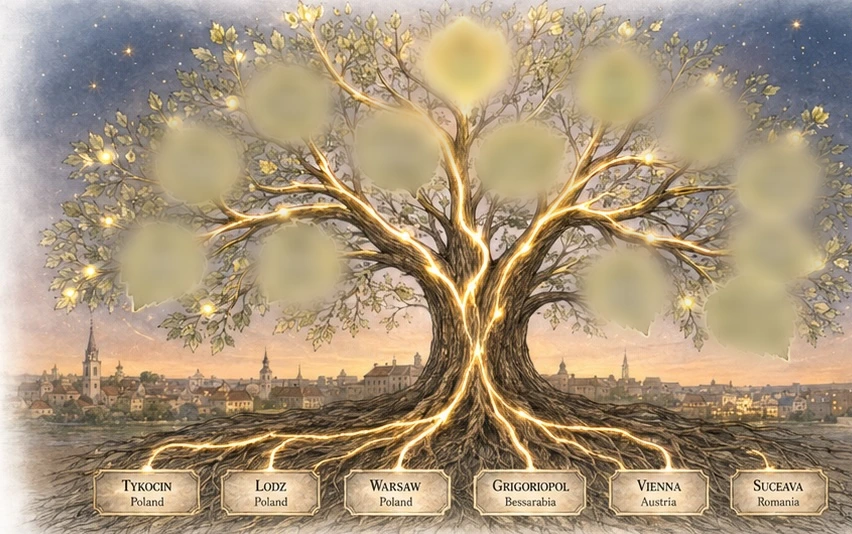 A tree in leaf above the roofs of the towns the family came from, its roots reaching out beneath them